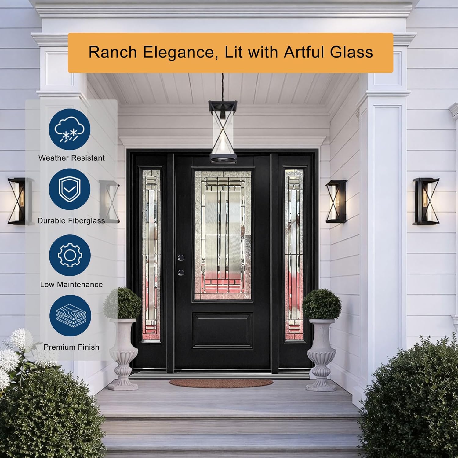 64x80 Front Entry Door with Sidelite, Fiberglass Entry Door with 12''Sidelites, Black Smooth Front Door, 3/4 Decorative Glass Glass, Right-Hand Inswing