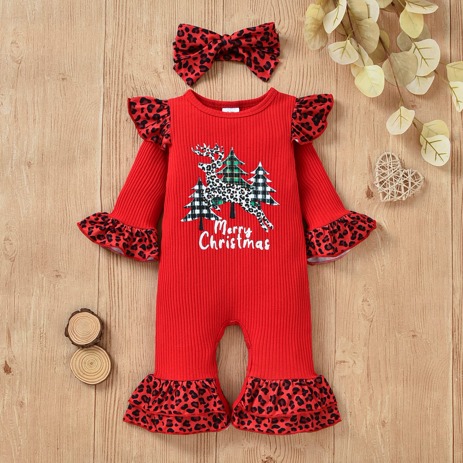 Fernvia Newborn Baby Girl Christmas Outfits Infant Christmas Romper Cute Ruffle Jumpsuit Bodysuit Kids One-Piece Clothes Fall