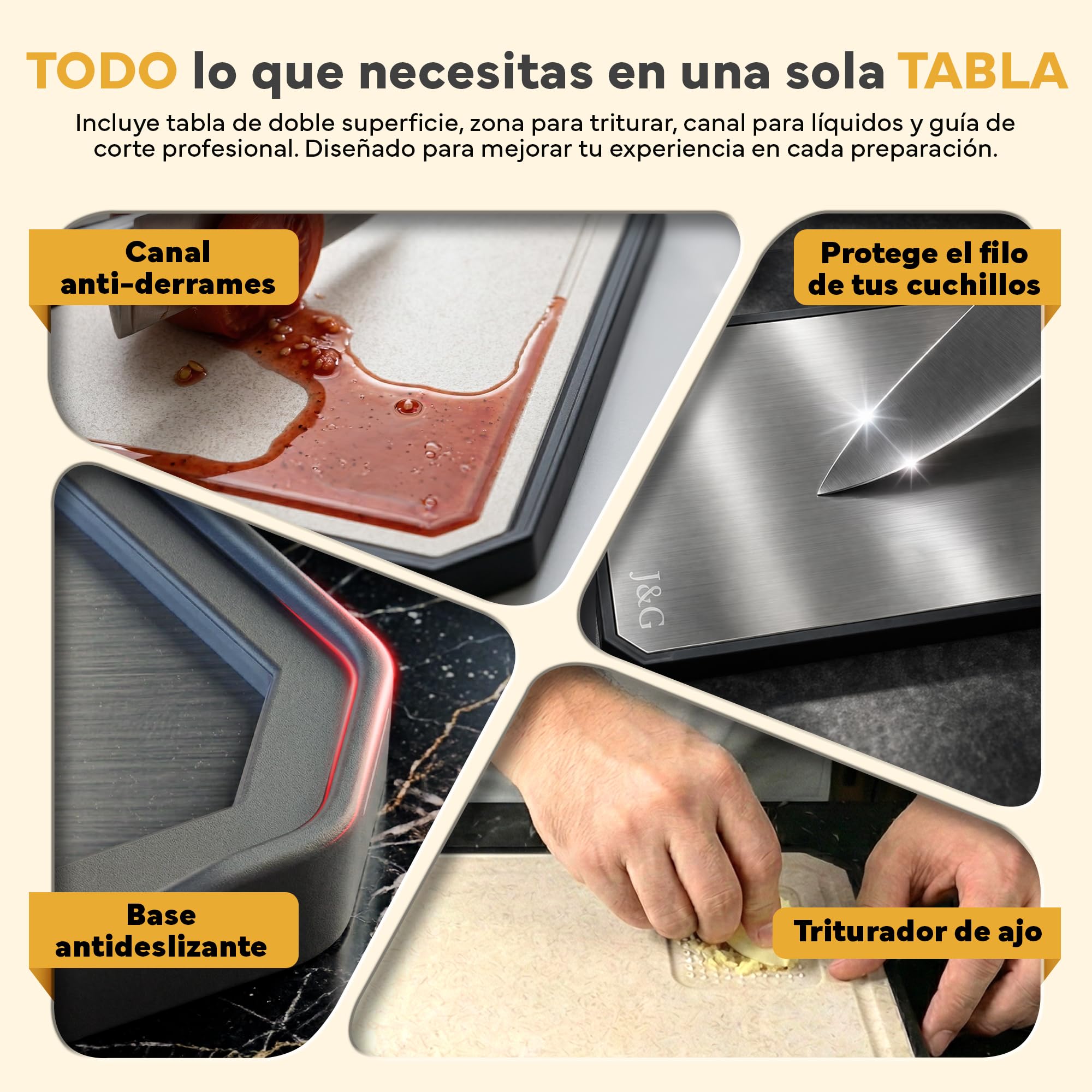 J&G Tabla de Cortar de Titanio 100% Puro y Fibra de Trigo, Doble Cara, Antibacteriana Profesional, Set con Guía de Corte y Bayeta Microfibra, Libre de BPA, Certificación LFGB y SGS (39,3 x 28,2 cm)