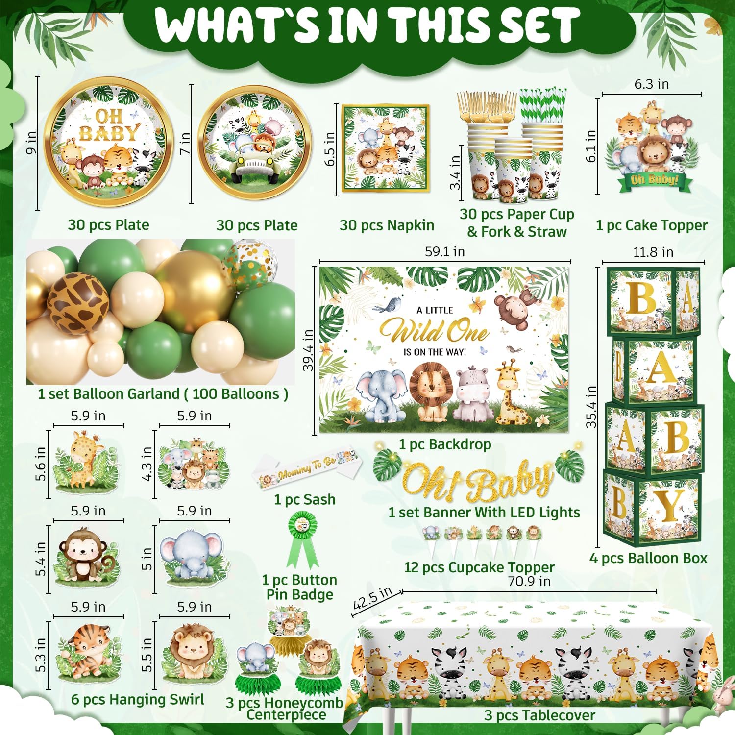 cocomigo 300PCS Safari Baby Shower Decorations, 30 Safari Theme Tableware, All-in-1 Pack Includes Backdrop Tablecloth Balloon Boxes Balloon Kit for Baby Shower Decorations Boy