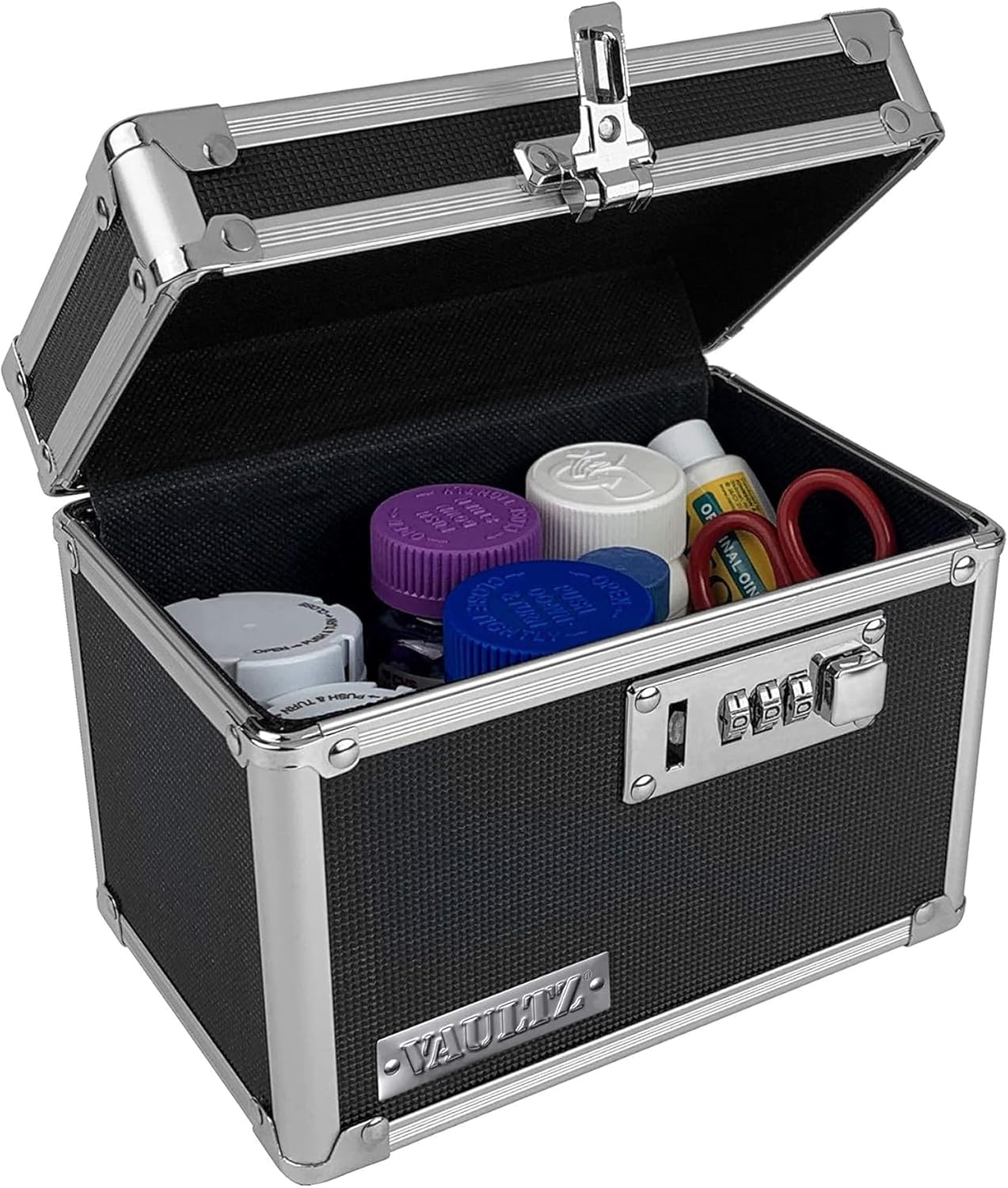 Vaultz Locking Medicine Box with Combination Lock - Secure Metal Lock Box Safe for Medication, Pills & Valuables, Small Lockbox with Code, Portable Storage Case, Black