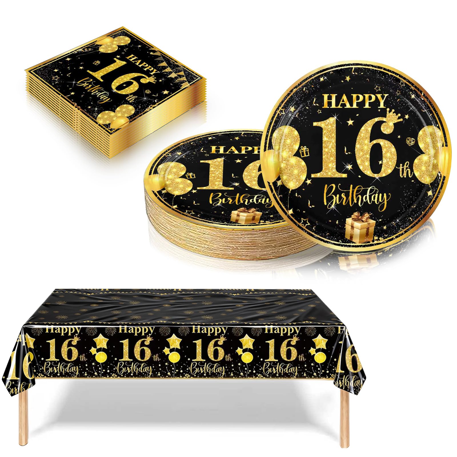 16th Birthday Decorations Black and Gold, 37Pcs Happy Birthday Party Tableware include Paper Plates and Napkins, Plastic Table Cloth for Boys and Girls 16th Party Table Decorations (16 Guest)
