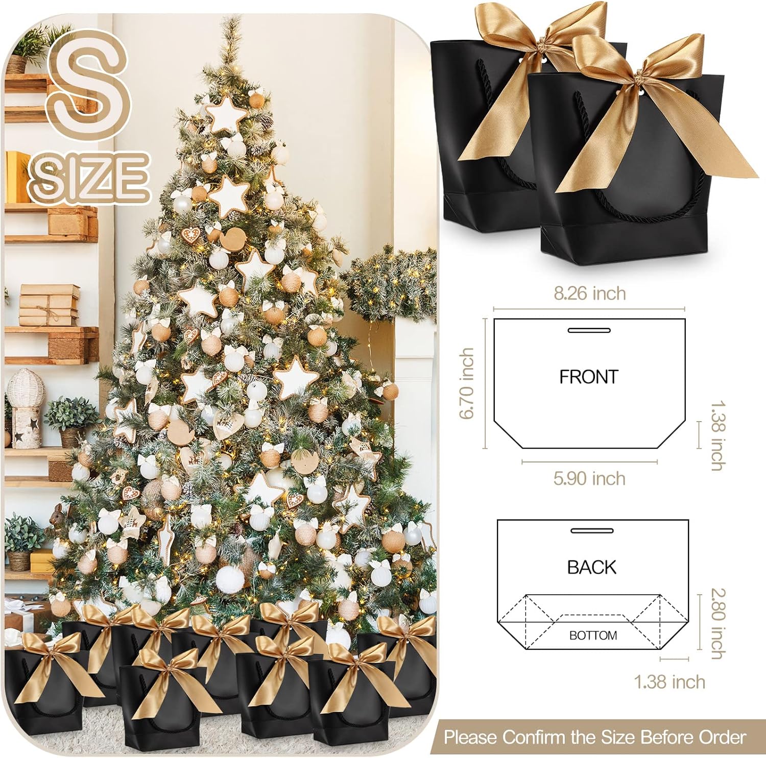 Sabary 50 Pack Black and Gold Gift Bags Bulk with Handles Mini Bridal Shower Gift Paper Bags with Bow Ribbon 8.3 x 6.7 x 2.8 Wedding Welcome Supplies for Guest Bridesmaid Birthday Holiday Party Favor