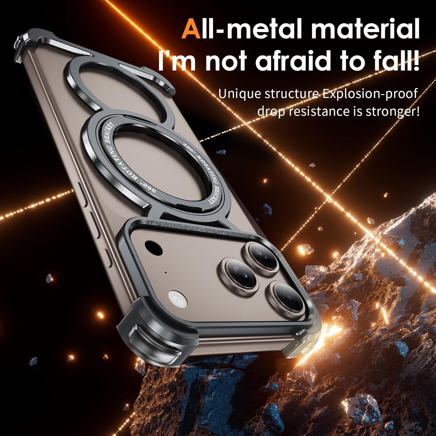 Skeleton Case for iPhone 17 Pro Max, Titanium Metal Frame with 360° Magnetic Ring Stand, Military-Grade Drop Protection, Shockproof Bumper, Compatible with MagSafe(Gray)