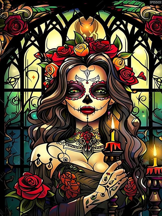 IPISSOI 5D Diamond Painting Kits for Adults The Sugar Skull Woman and The Candles Diamond Art Kits DIY Full Round Drill Candle with Diamonds Gem Art Help Relieve Stress 12x16 inch