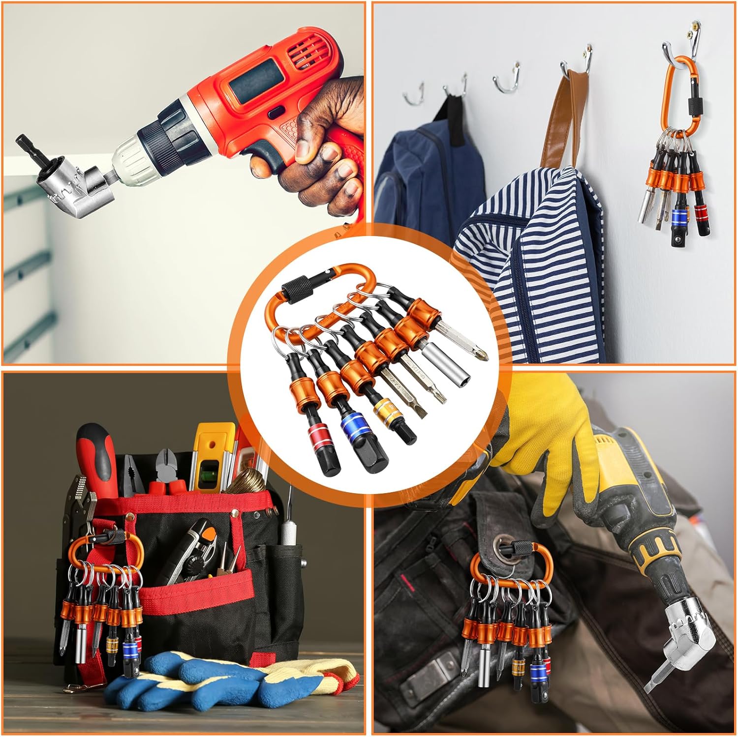 Threlaco 18 Pcs Bit Holder Keychain, 1/4 3/8 1/2 Socket Hex Shank Bit Holders Quick Release Screwdriver Extension Tool 105 Degree Right-angle Driver for Impact Men Gift for Father's Day (Orange)