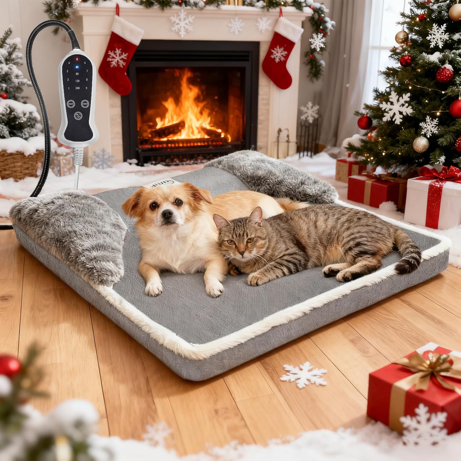 Heated Dog Bed 20×20 Inch Plush Dog Mattress with 9-Level Adjustable Settings, Removable Machine-Washable Cover, Non-Slip Bottom, Gray