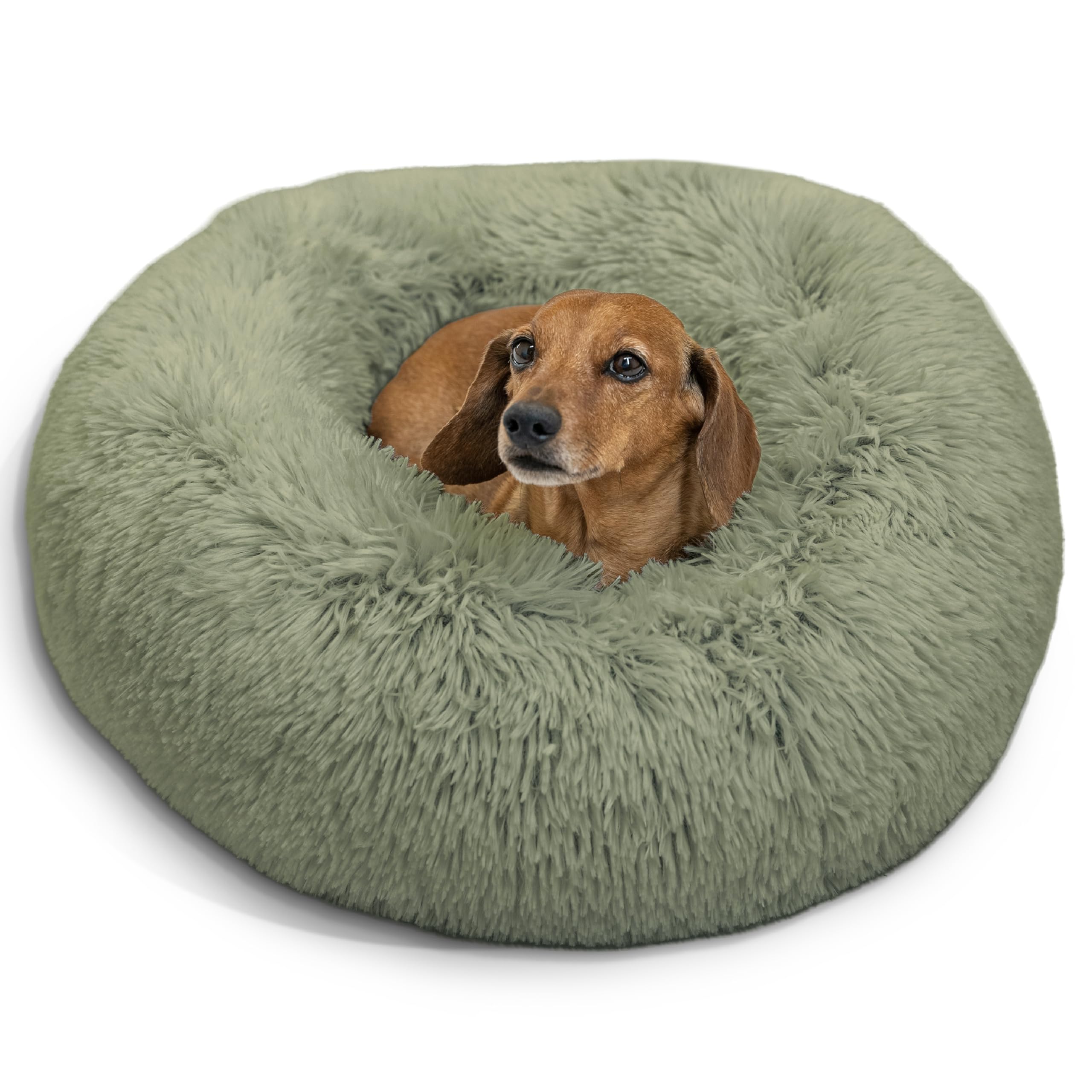 Best Friends by Sheri The Original Calming Donut Dog Bed for Small Dogs up to 25 lbs, Shag Faux Fur, Sage Green, 23" x 23"