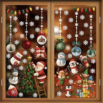 WALPLUS Christmas Window Clings Decorations Double-Sided Reusable Peel and Stick Removable for Glass Living Room Nursery Room Home Office Little Lodge 102 Pieces