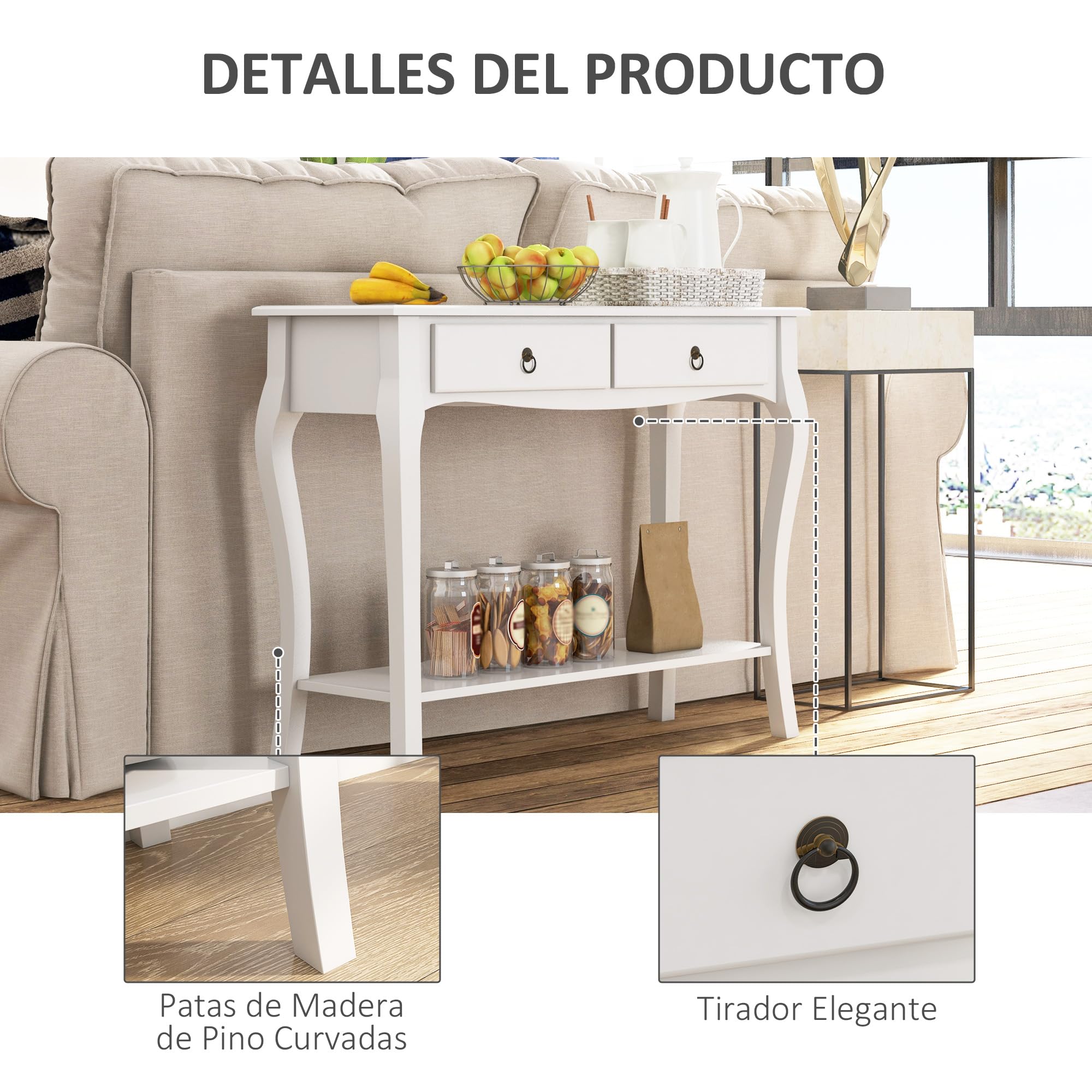 HOMCOM Mesa Consola Aparador con Cajones Madera 100x33x75cm Blanco Brillo | Salón Comedor, Mueble Recibidor, Mesa Auxiliar, con Estante, Diseño Elegante