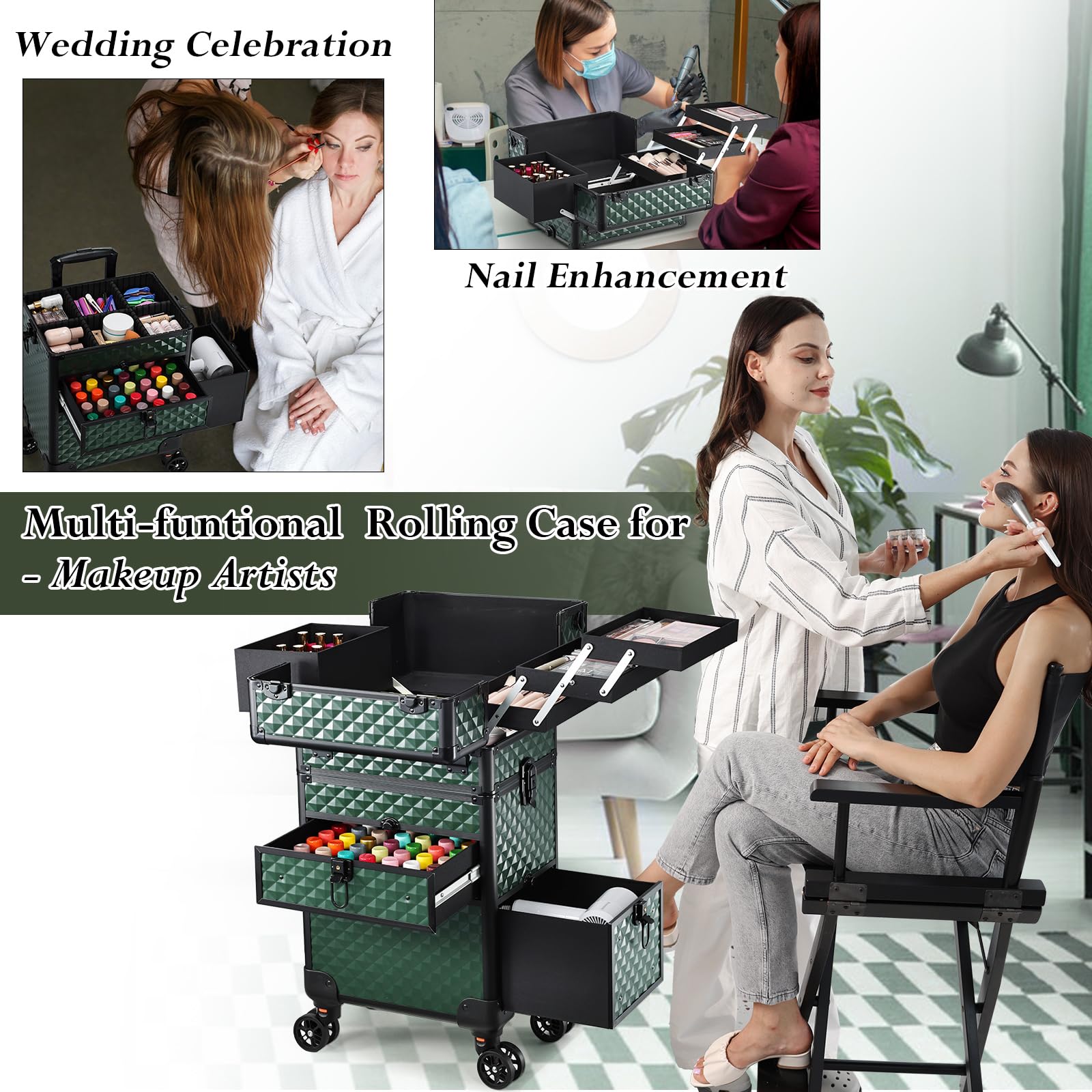 Kosmetik Trolley mit Schubladen Professioneller Kosmetikkoffer Nagelkoffer Make up Koffer Schminkkoffer Großer Friseurkoffer Abschließbarer Beauty Koffer Multikoffer,Dunkelgrün