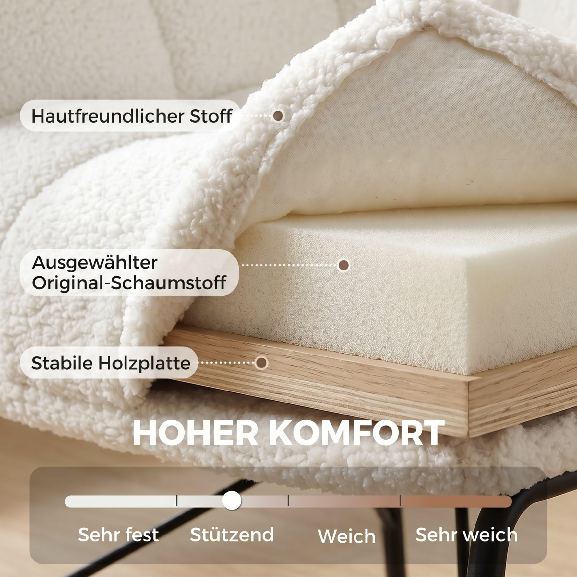 HOMCOM Loungesessel Wohnzimmer Sessel mit Sherpa-Fleece-Optik Cremeweiß | Moderner Lesesessel, Armlehnen, Gebogener Rückenlehne, Stahlbeinen, Bequemer Relaxsessel, Polsterstuhl für Schlafzimmer