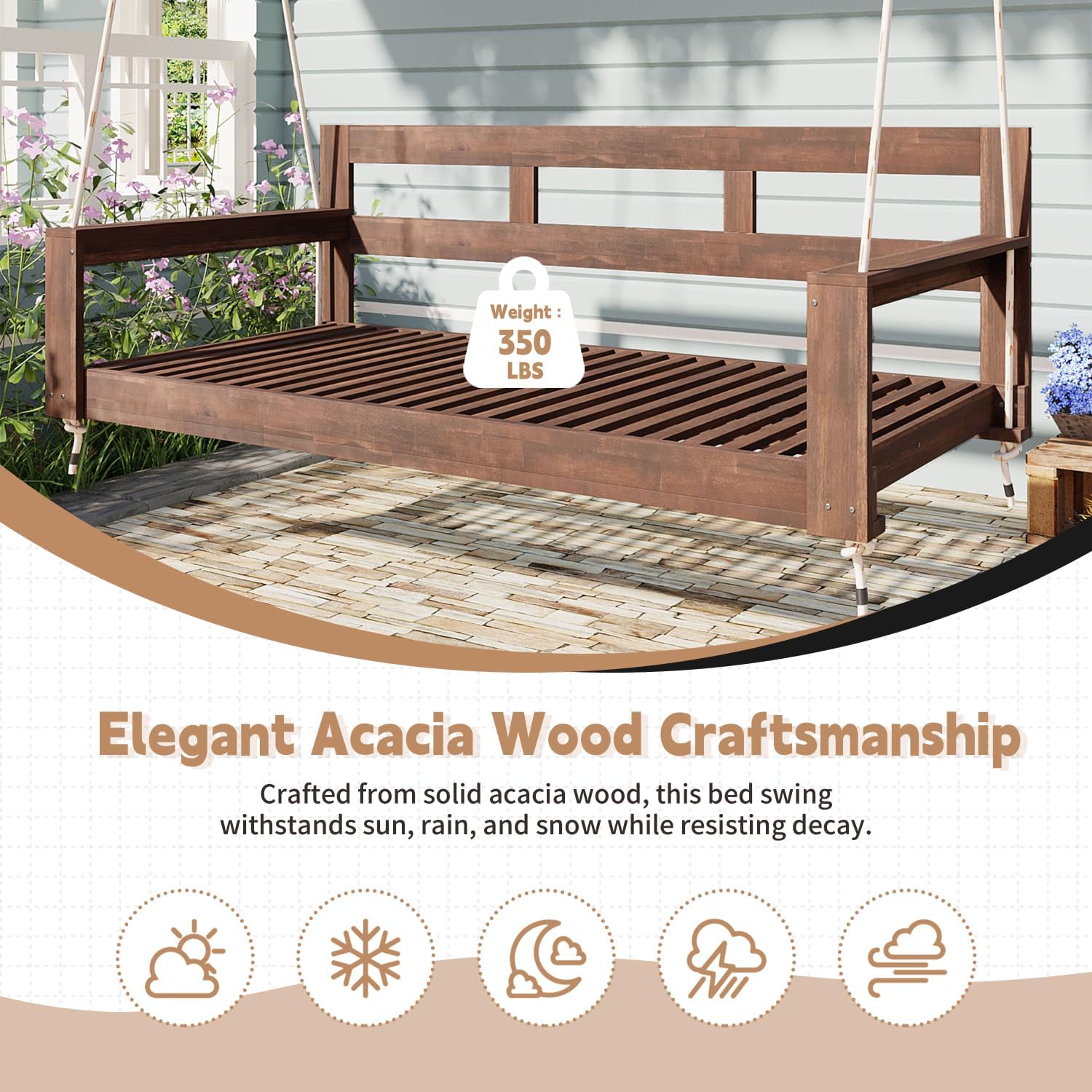 Patio Wooden Twin Size Porch Swing Daybed Frame in Acacia Wood - Farmhouse Style Outdoor Seating with 4 Hanging Ropes, Durable Natural Finish & 350lbs Weight Capacity for Backyard & Garden
