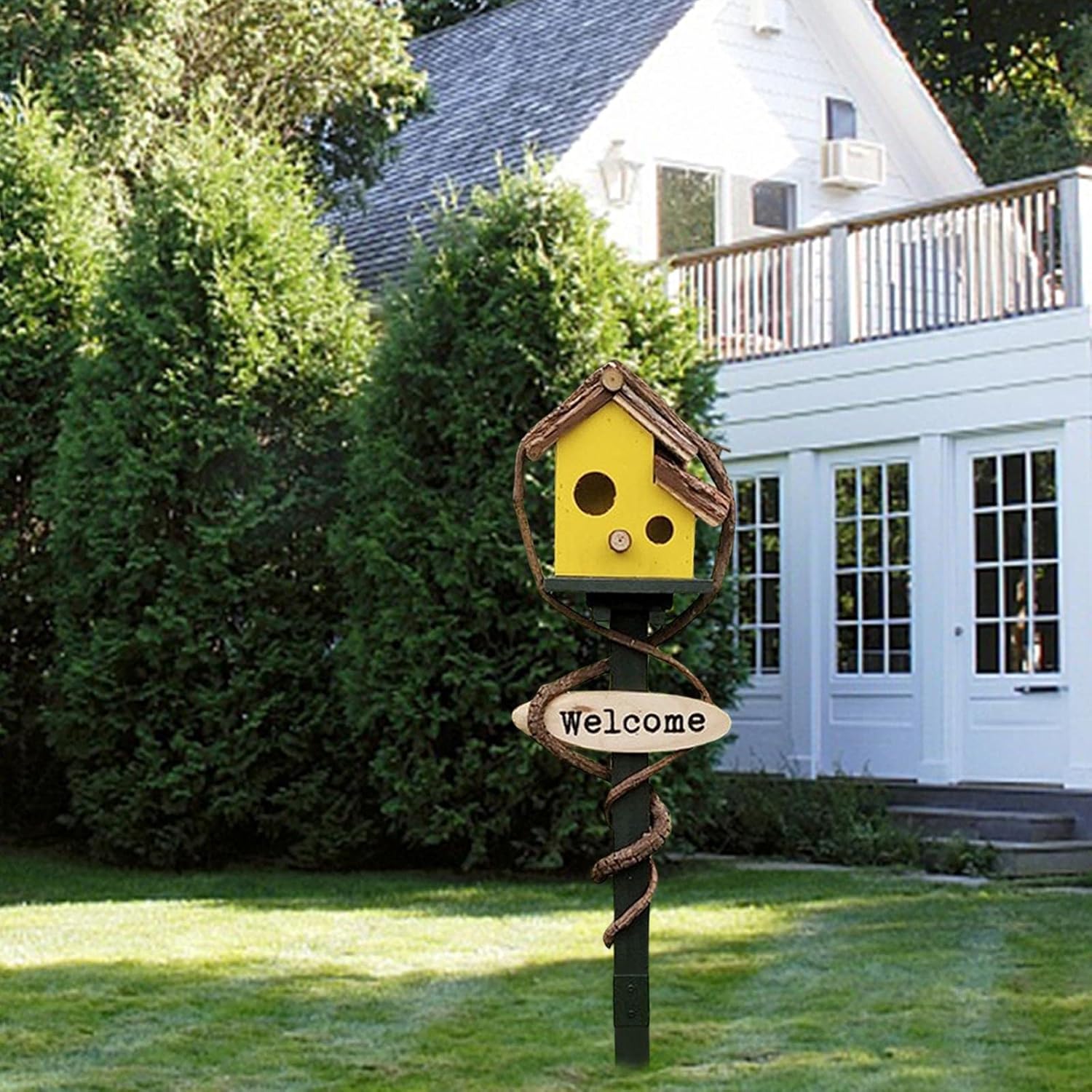House Stakes Handpainted Farmhouse Style Bird Resting Place Weatherproof Outside Clearance Birdhouse Stand for Patio Yard Lawn, Yellow