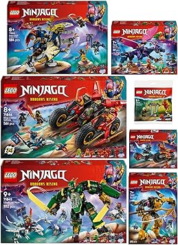 LEGO Ninjago 7-piece set 71838 Kais motorcycle race, 71839 Arins Spinjitzumech, 71842 Rontu the master dragon, 71843 Rogues Mech dragon rider, 71844 Ninja action racer, 71845 Lloyds Jet-Mech & 30650