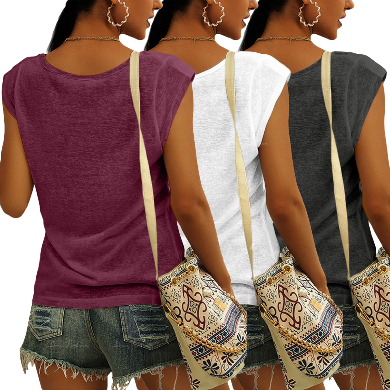 Tankaneo Lot de 3 t-shirts à manches courtes et col en V pour femme - Coupe ample - Printemps été - Décontracté