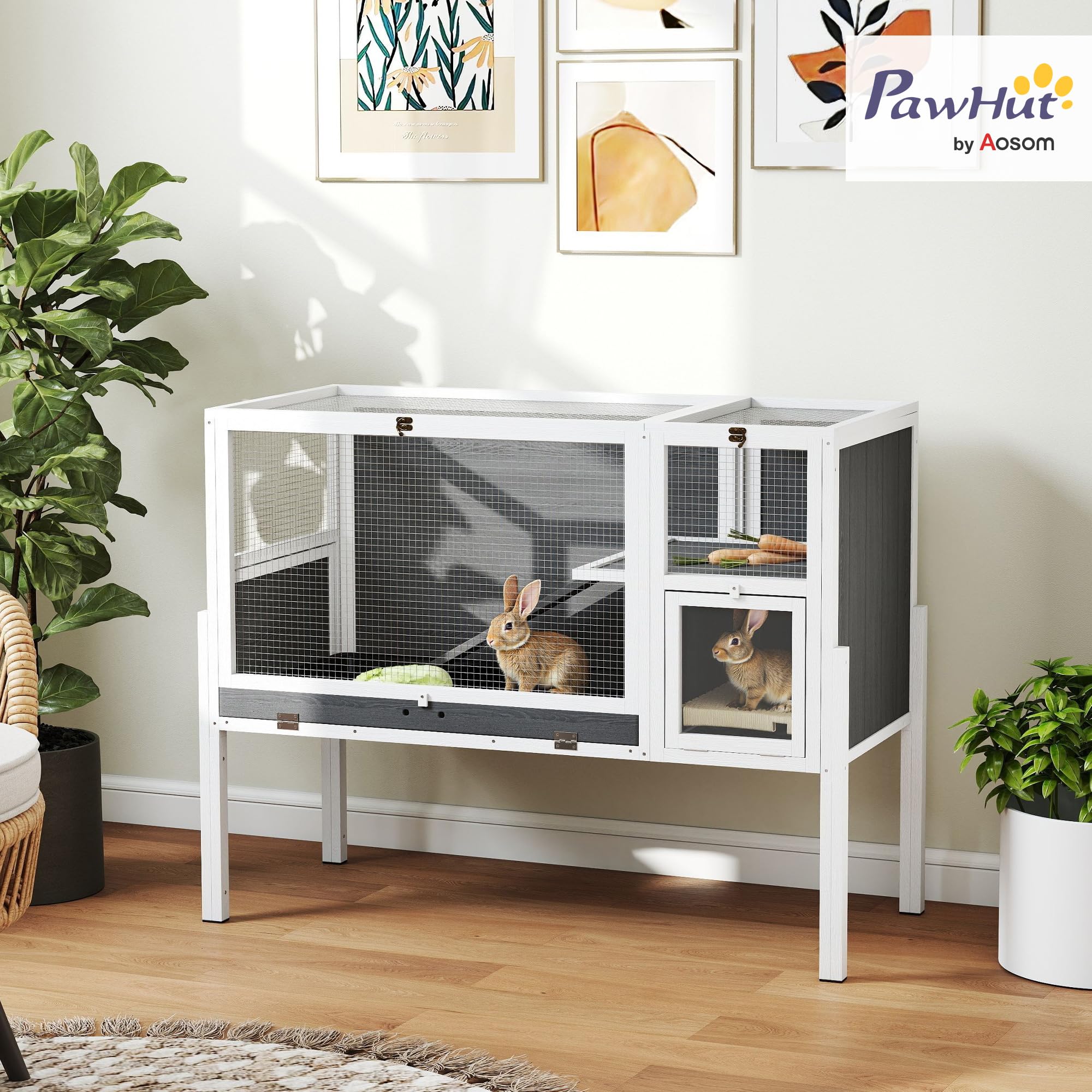 PawHut Conejera Convertible Conejera de Madera con rampa 120 x 53 x 93 cm Jaula para Conejos con entradas, habitación de Descanso, para cobayas, jerbos Gris
