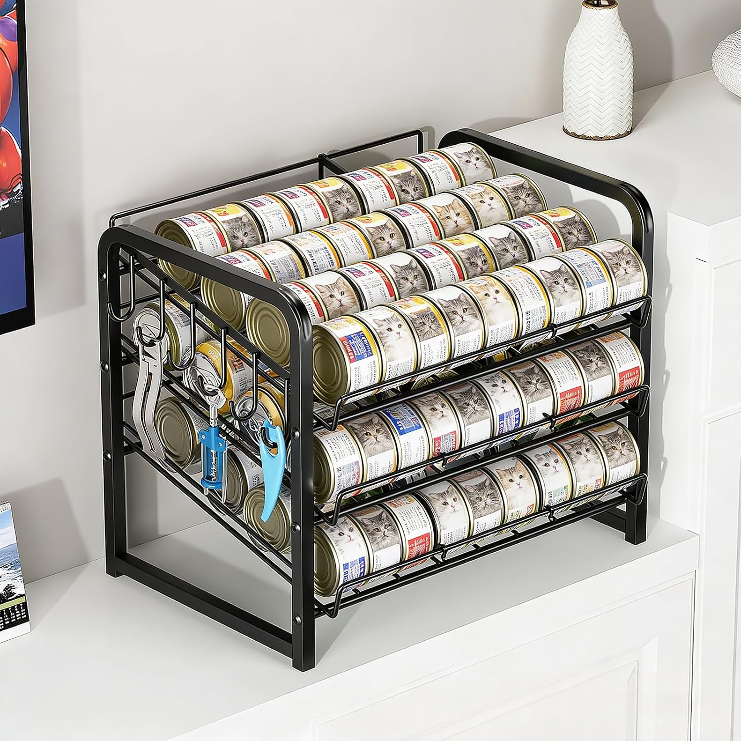 Iron Cat Food Container, Can Organizer for Pantry, Pet Food Storage Containers, 3-Tier Can Stackable Storage Rack with 6 Fixed Hooks, Canned Goods Organizer for Countertop Kitchen Cabinet, Black