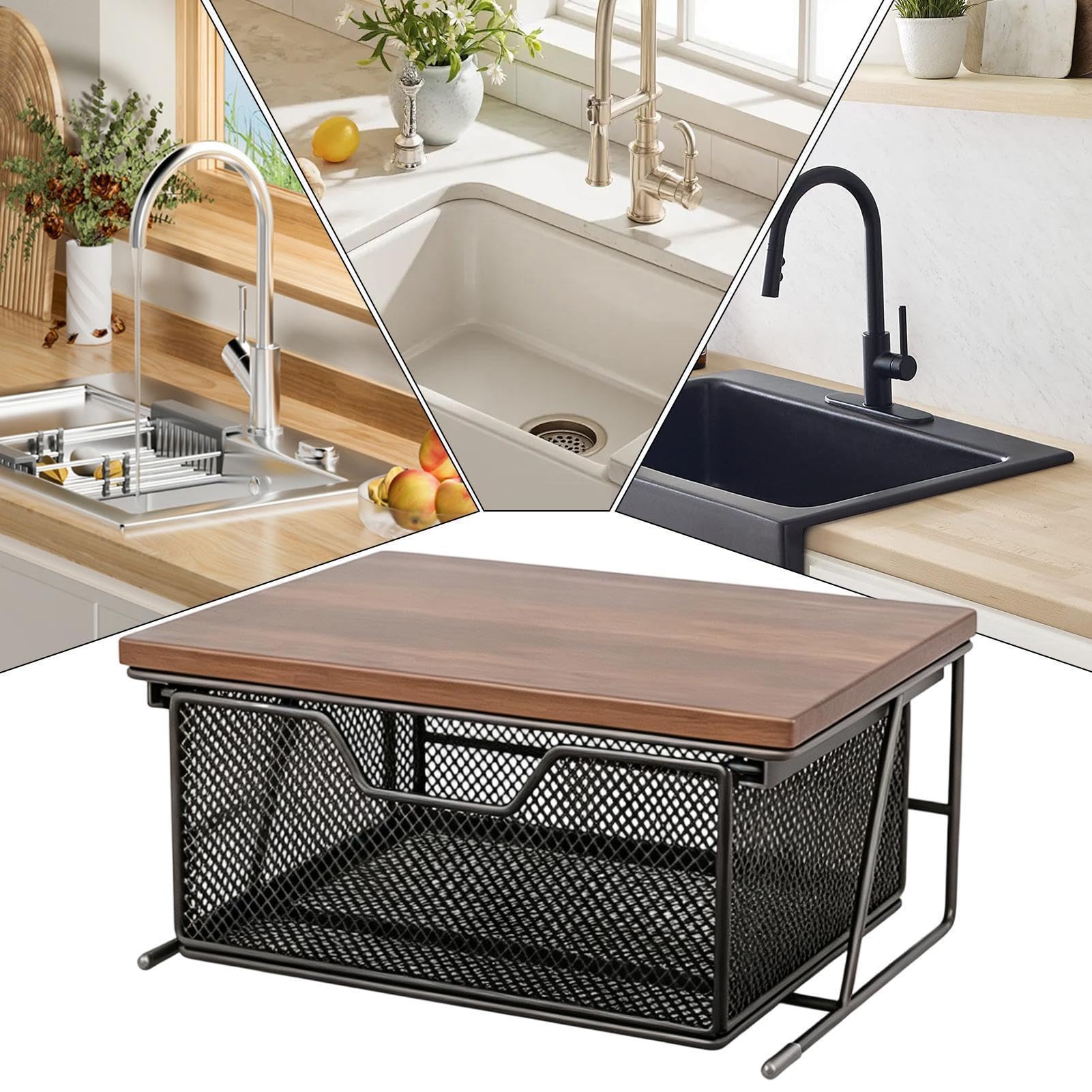 Organizador de Encimera de Cocina, Soporte para Cafeteras con Cajón de Rejilla Deslizable, Estante de Madera y Metal para Microondas & Tostadora, Almacenaje de Cápsulas y Tazas, 37x26x16cm