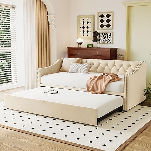 Miniatura 3 de Sofá cama tapizado de tamaño individual con nido desplegable, sofá cama extensible de terciopelo con respaldo copetudo, marco de sofá cama