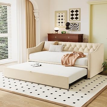 Twin Size Upholstered Daybed with Trundle, Elegant Velvet Sofa Bed Frame with Button Tufted Backrest and Nailhead Trim Decorated Armrest for Bedroom,Living Room, Guest Room, Beige