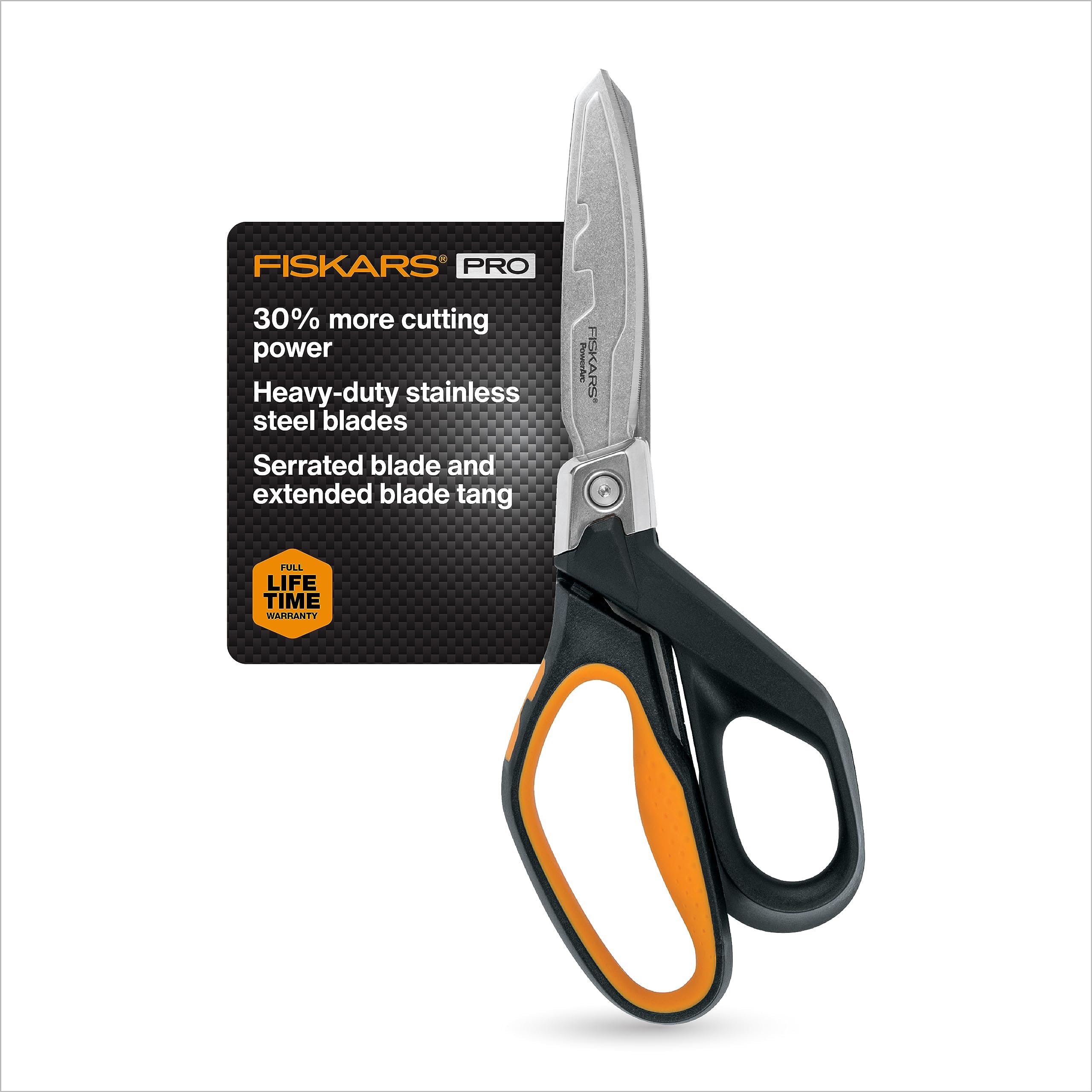 Fiskars Pro PowerArc Shop Shears, Heavy Duty Stainless Steel Scissor, Industrial Grade Tool for Building and Construction, 10 in, Orange/Black