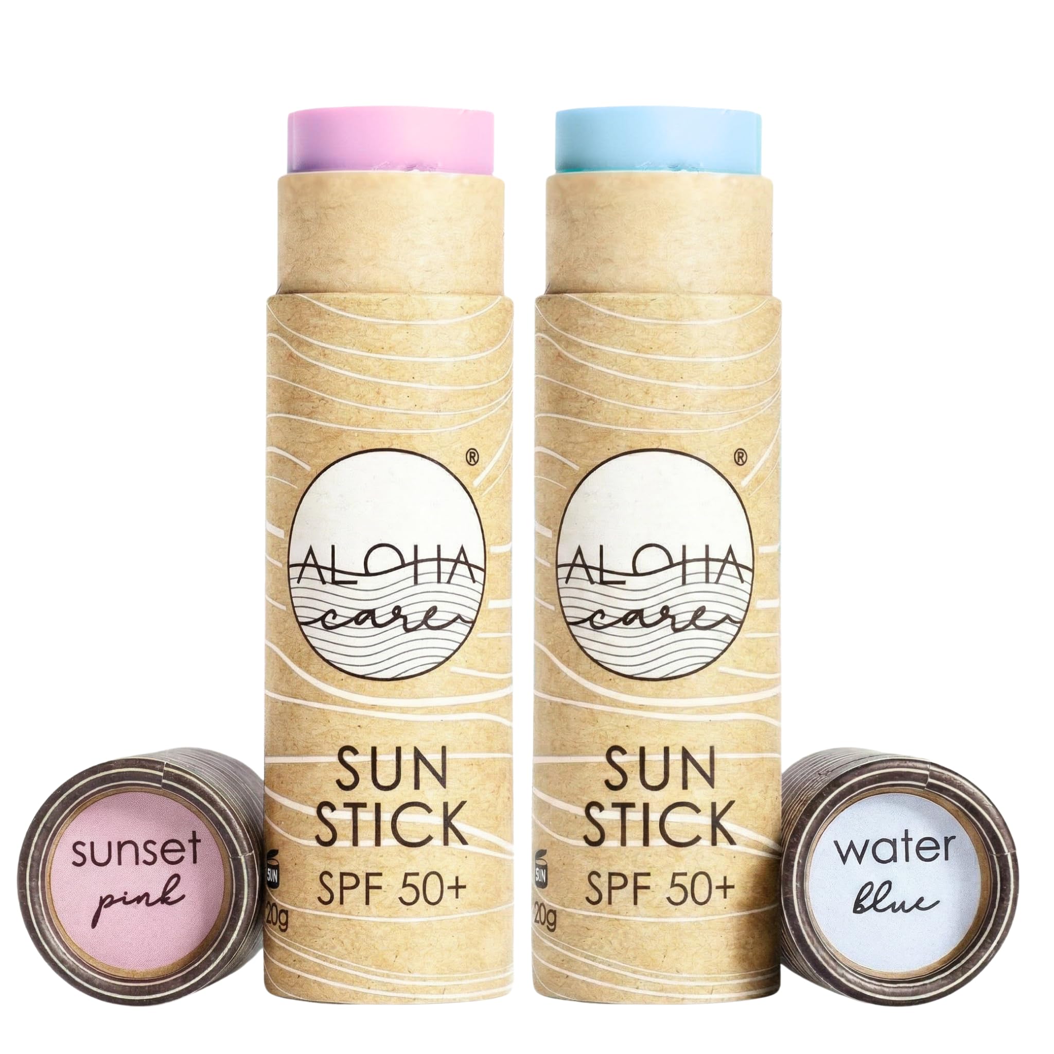 Aloha Sun Stick LSF 50+ | Gesichtsmineral Sonnenschutz zum Surfen | Eco Paper Stick 20g (2-pack (Blau + Pink))