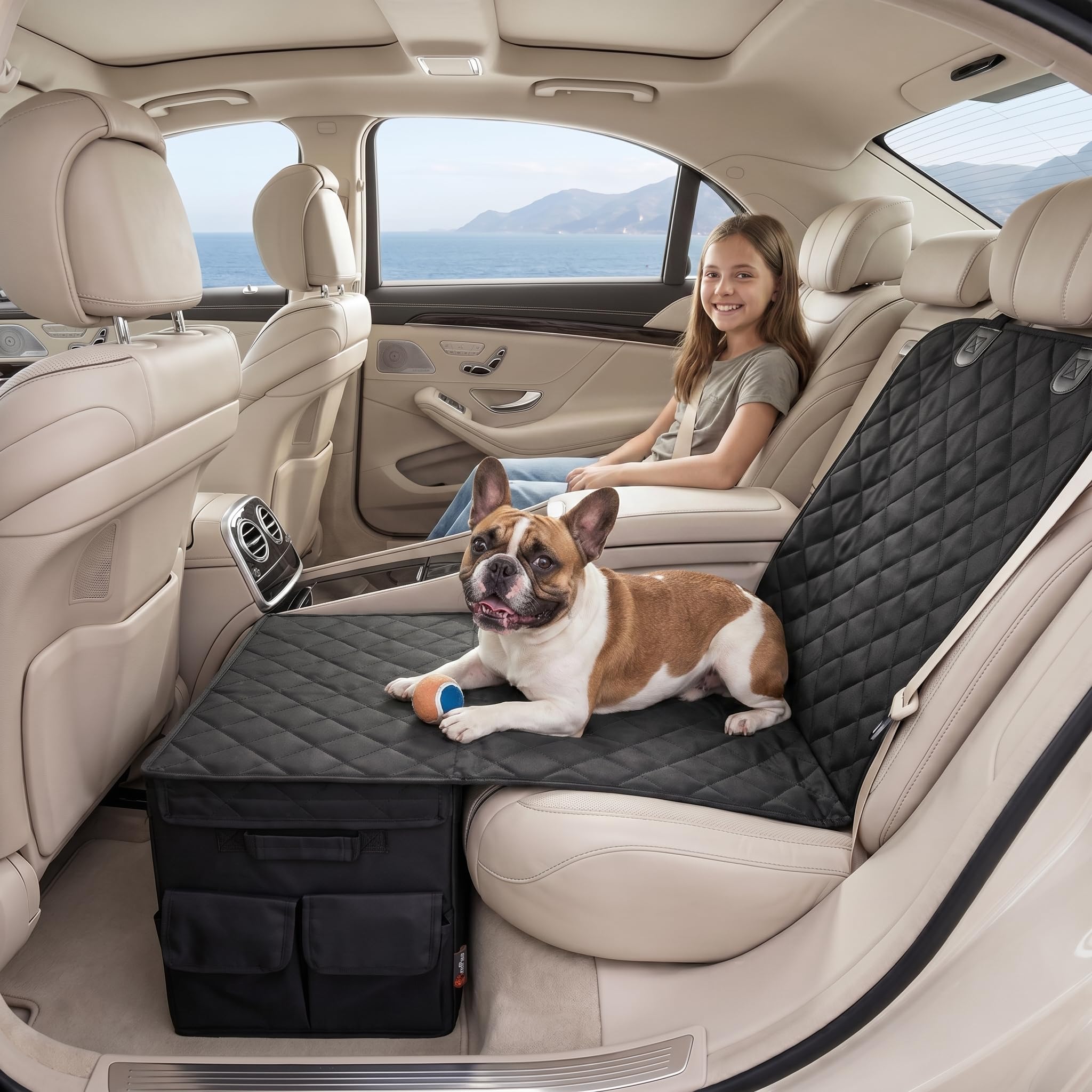Rücksitzverbreiterung Hund mit Stauraum – Dog Car Seat Extender Hundeautositz Hartschale für Vorder- und Rücksitz, wasserdicht 600D Oxford, PKW SUV Kombi [137×50cm]