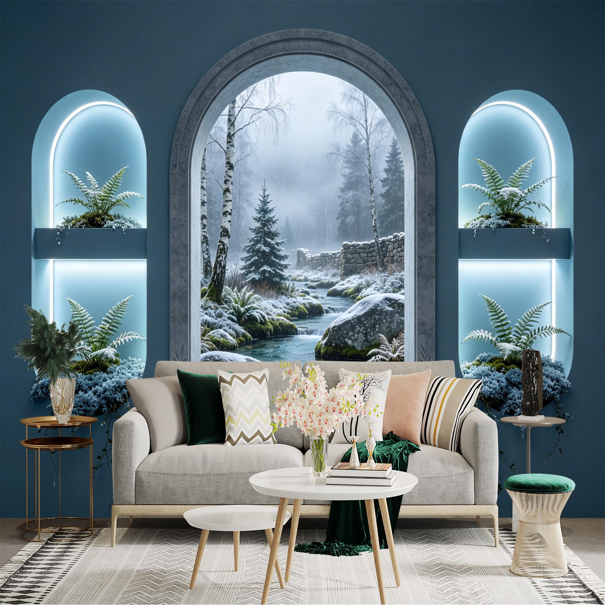 Custom Size Wall Sticker Mural， Winter Forest with River， Stone Wall and Snowy Landscape， for wall Decoration， peelandstick wall Decals.