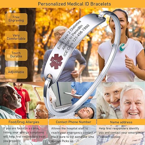 Miniatura 2 de VNOX Medical Bracelet for Women-Stainless Steel Emergency Medical Alert ID Bangle Bracelet,Free Engraving
