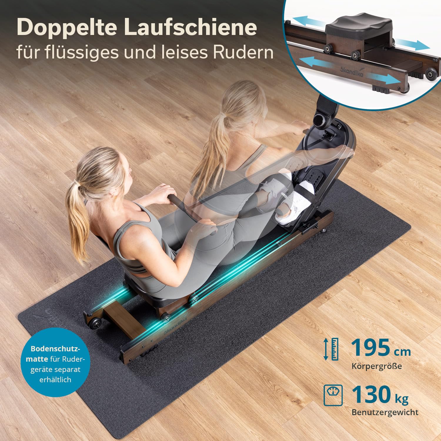 Skandika Rudergerät Rovek | Rudermaschine Holz, Rudergerät für Zuhause klappbar, Magnetwiderstand mit 32 Stufen, Kinomap App kompatibel, aufstellbar, bis 195 cm