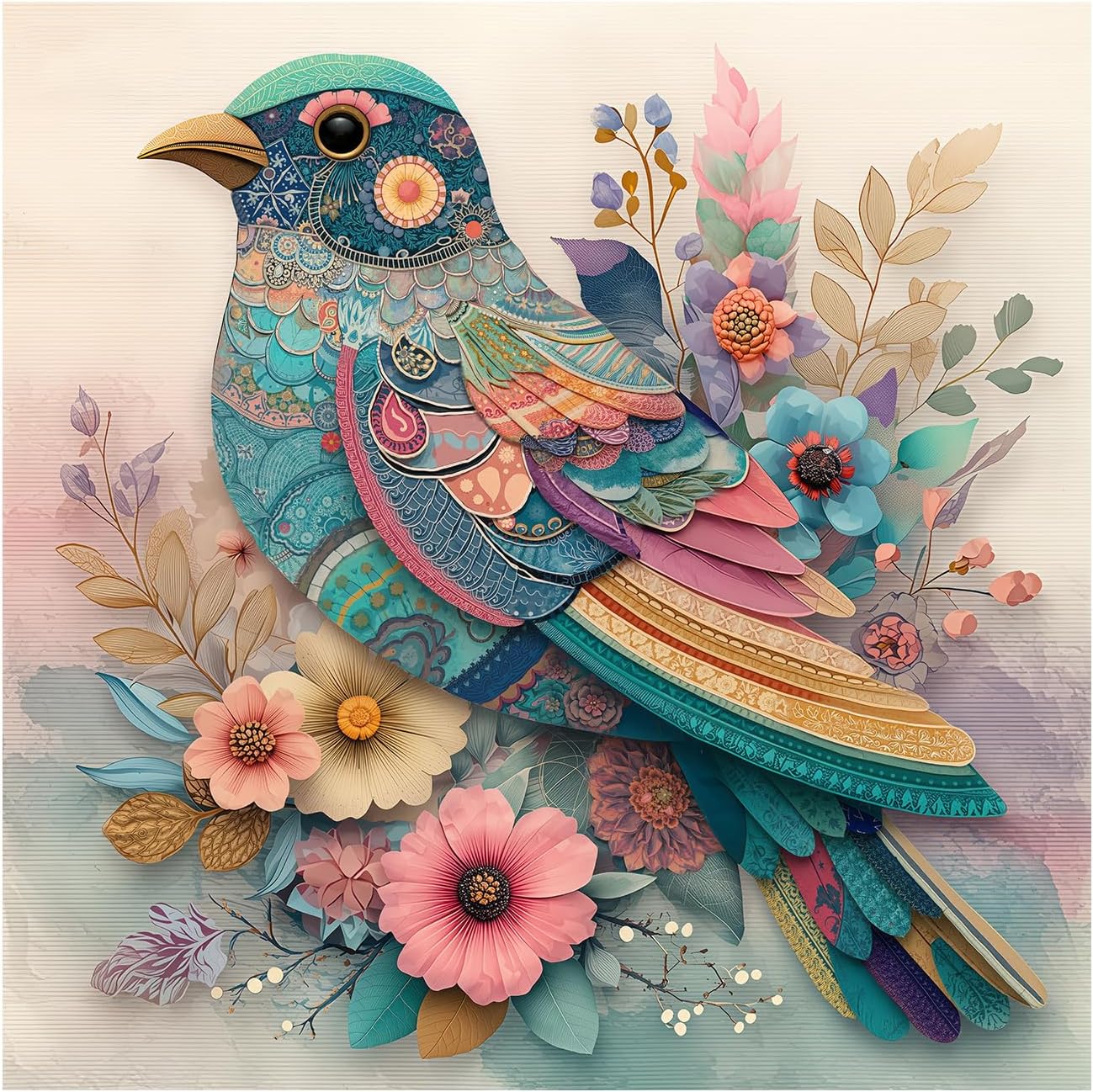 Vintage Flower Bird Puzzle 1000 Pieces for Adults, Colorful Totem Floral Collage Jigsaw Puzzle, Spring Bohemian Animal Art Puzzles