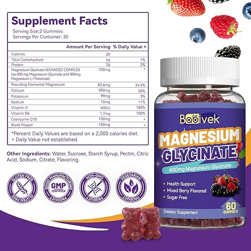 Miniatura 6 de Gomitas de glicinato de magnesio 700 mg, con L-treonato de magnesio 300 mg, 60 gomitas veganas, sin OMG, sin gluten y azúcar (60 unidades (paquete