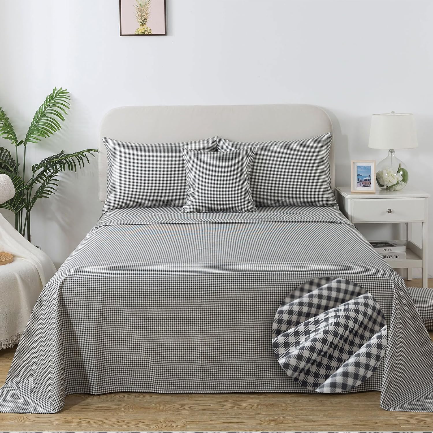 FADFAY Black Plaid Twin Size Sheets 100% Cotton Geometric Checker Bedding Teens Grid White Gingham Pattern College Bedding Deep Pocket Sheets with 2 Pillowcases Ultra Soft 4pcs, Twin Size