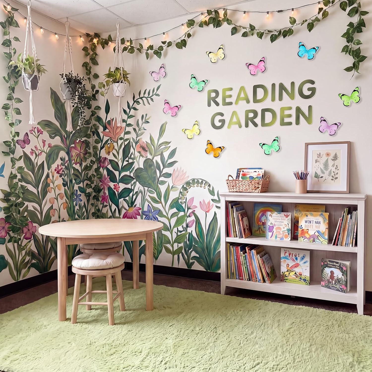 4 Set Reading Garden Classroom Decor Green Shag Rug Decor Set | Back to School Reading Corner Decor Letter Stickers Butterfly Cutouts Artificial Ivy Vines for Library Indoor Wall Decor