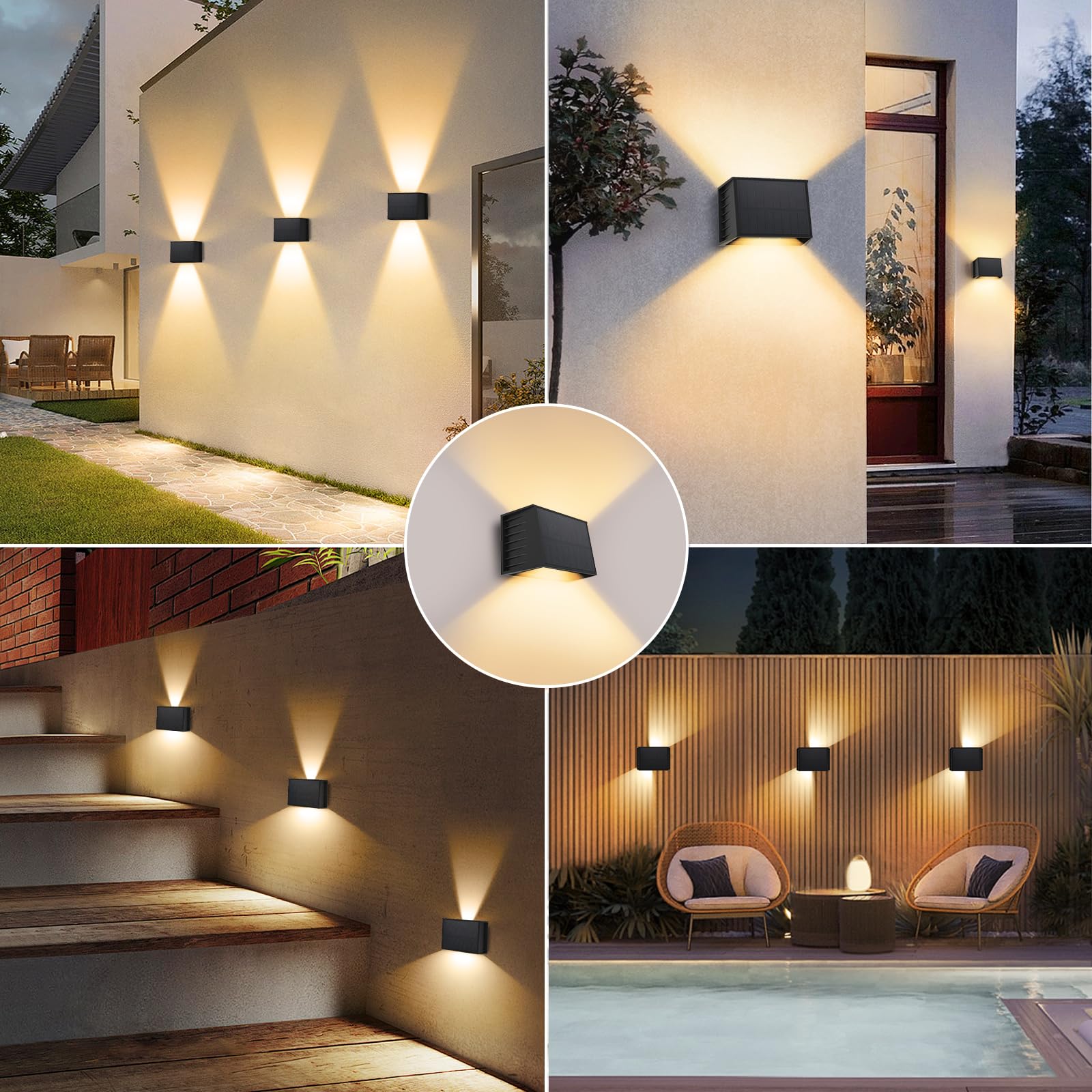 T-SUN 4 Piezas Lámparas Solares para Exterior, 3000K Aplique Solar de Pared, IP65 Impermeable, Luz LED Solar para Jardín Pared Valla Garaje Escalera Puerta Delantera Patio