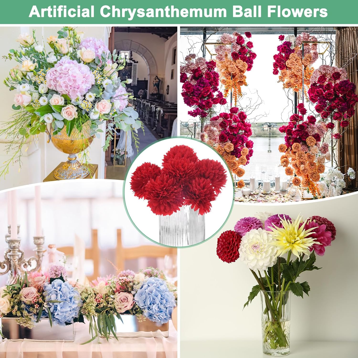 30-Pack Artificial Chrysanthemum Ball Flowers,11 Inch Faux Chrysanthemum Silk Bouquets Real Touch Faux Flowers for Home/Wedding/Christmas/Party[Bright Red] - Image 6
