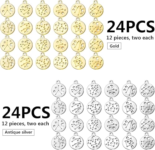 Miniatura 2 de BronaGrand 48 dijes redondos del zodiaco de metal de doble cara, 12 dijes de constelación, dijes de joyería del zodiaco para manualidades, aretes,