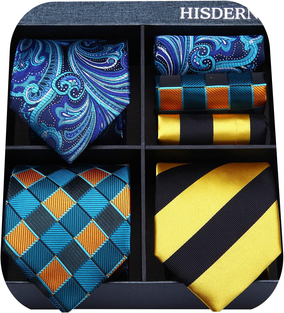 HISDERN Mens Ties Set Collection Tie and Pocket Square Lot 3 Pcs Formal Business Neckties present Box Wedding Necktie