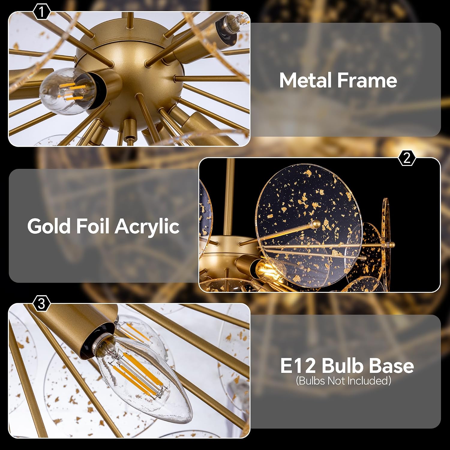 Wellmet Gold Semi Flush Mount Chandelier, Modern Sputnik Light Fixture for Dining Room, Living Room, Foyer, Nursery, Kids Room, Mid Century Large Bedroom Chandelier with Gold Discs Shade, 23.6" W