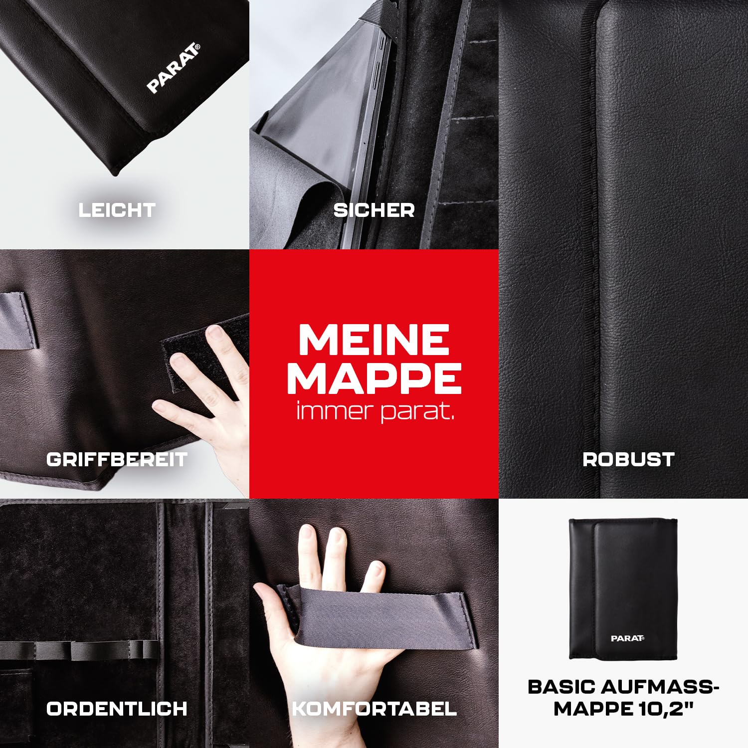 PARAT BASIC Aufmaßmappe 10,2" bestückt | Messmappe mit Laserentfernungsmesser, Zollstock & Tabletfach | Aufmaß-Set für Handwerk & Bau | Werkzeugmappe aus Kunstleder | sofort einsatzbereit