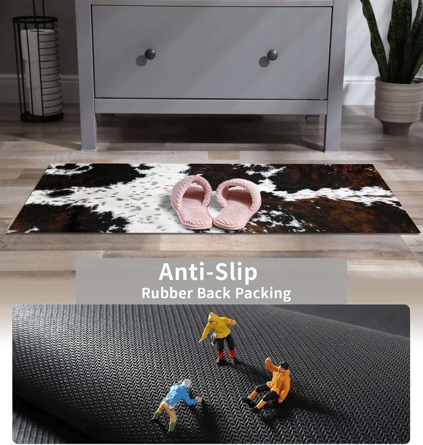 MUGINYU Cowhide Cow Print Bath Mat,Long Western Bathroom Rug for Farmhouse Cowboy Decor,Quick Dry Absorbent Non-Slip Narrow Shower Rug Runner Mats for Bathroom Floor with Rubber Backing - Image 5