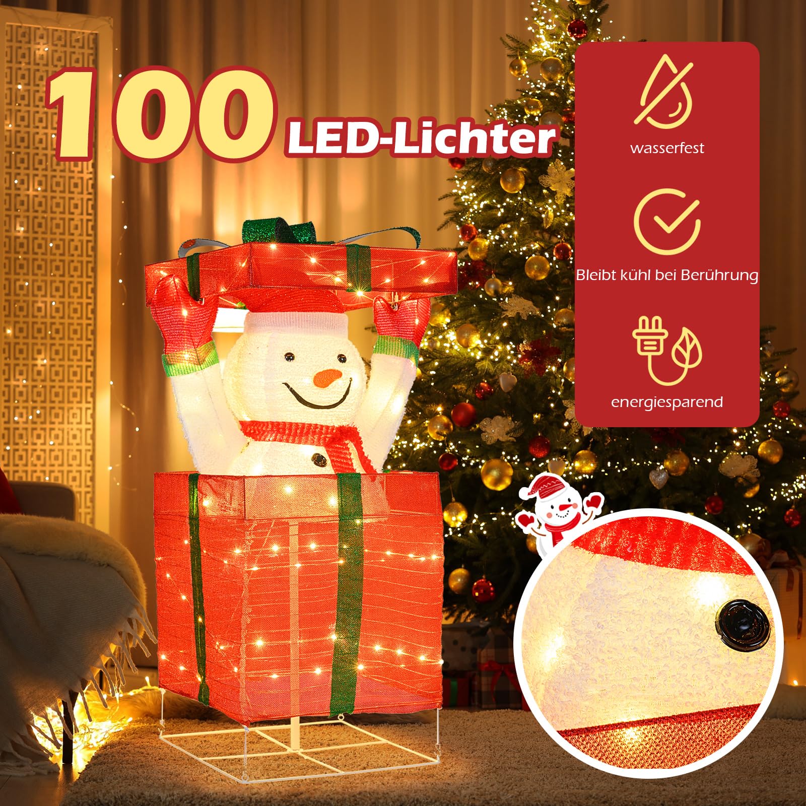 COSTWAY LED Schneemann in Geschenkbox, 115 cm beleuchtete Weihnachtsdeko mit 100 warmweißen LED-Lichtern, Weihnachtsfigur Outdoor XXL, Weihnachtsbeleuchtung für innen & außen