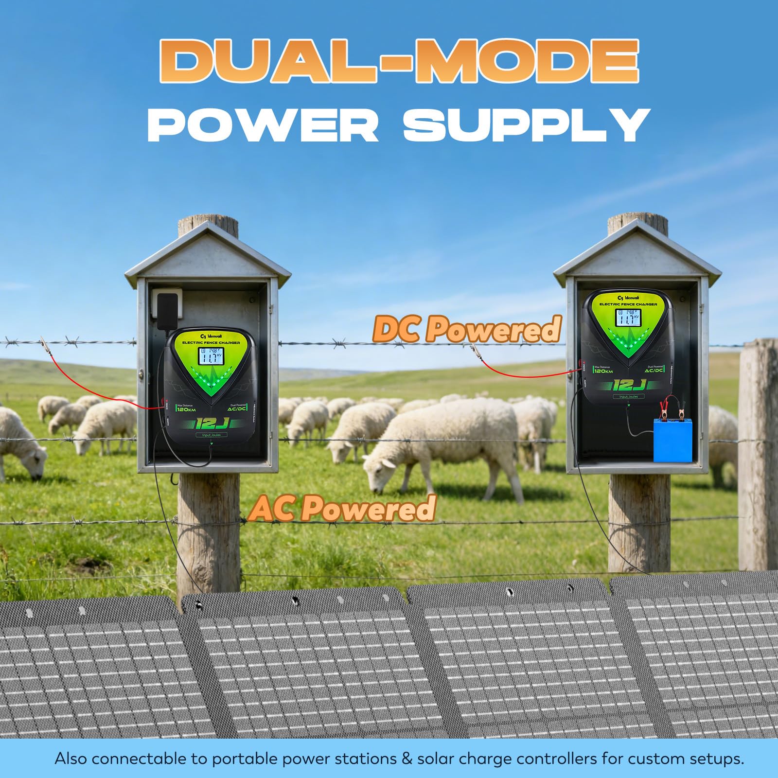 CGOLDENWALL 12J Pastor Electrico, AC/DC, 120KM Alcance, Ganado | 10KV Tension de Pico, IPX6 Impermeable, Caballos Ganado, Ranch Jardin, 2 en 1