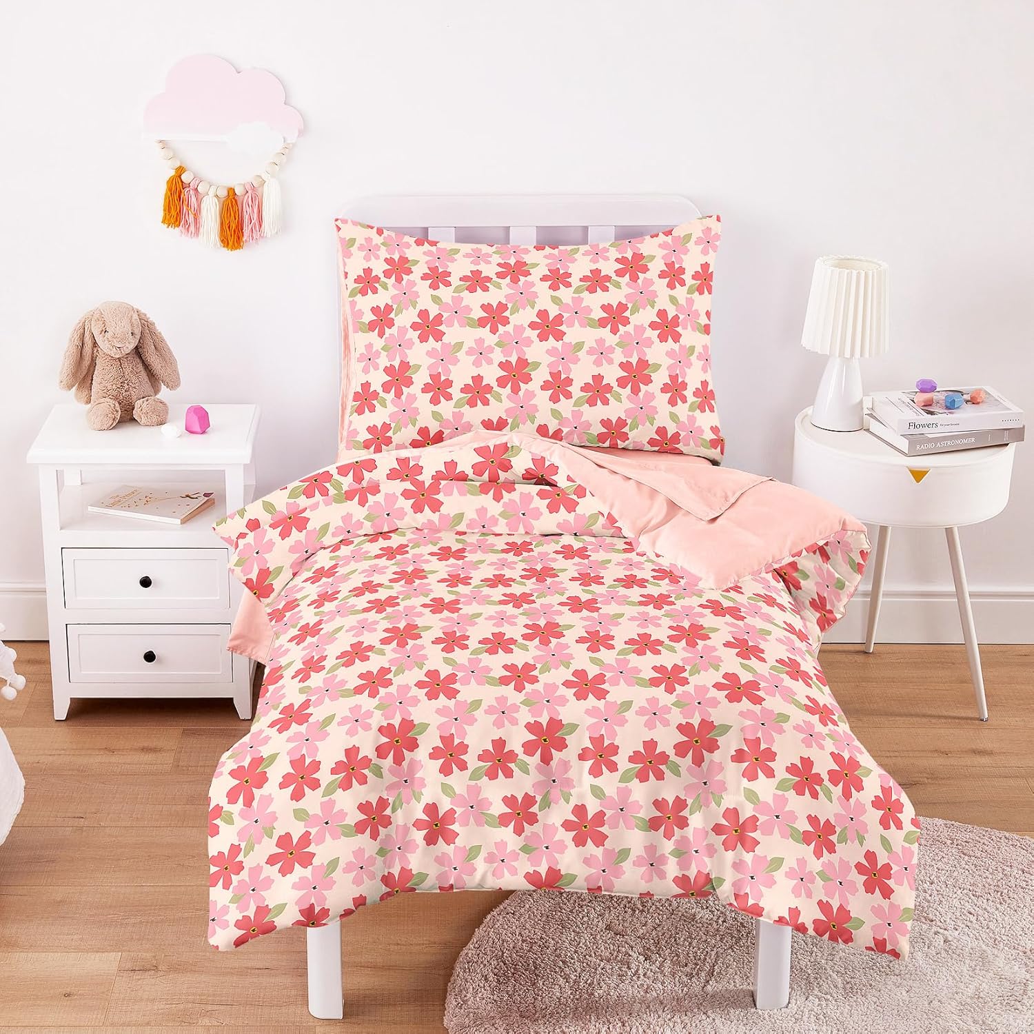 Wake In Cloud - Toddler Bedding Set for Girls, Colorful Floral Flowers Leaves, 4 Pieces Soft Crib Bed Set Including Comforter, Sheets and Pillowcase, Pink Red