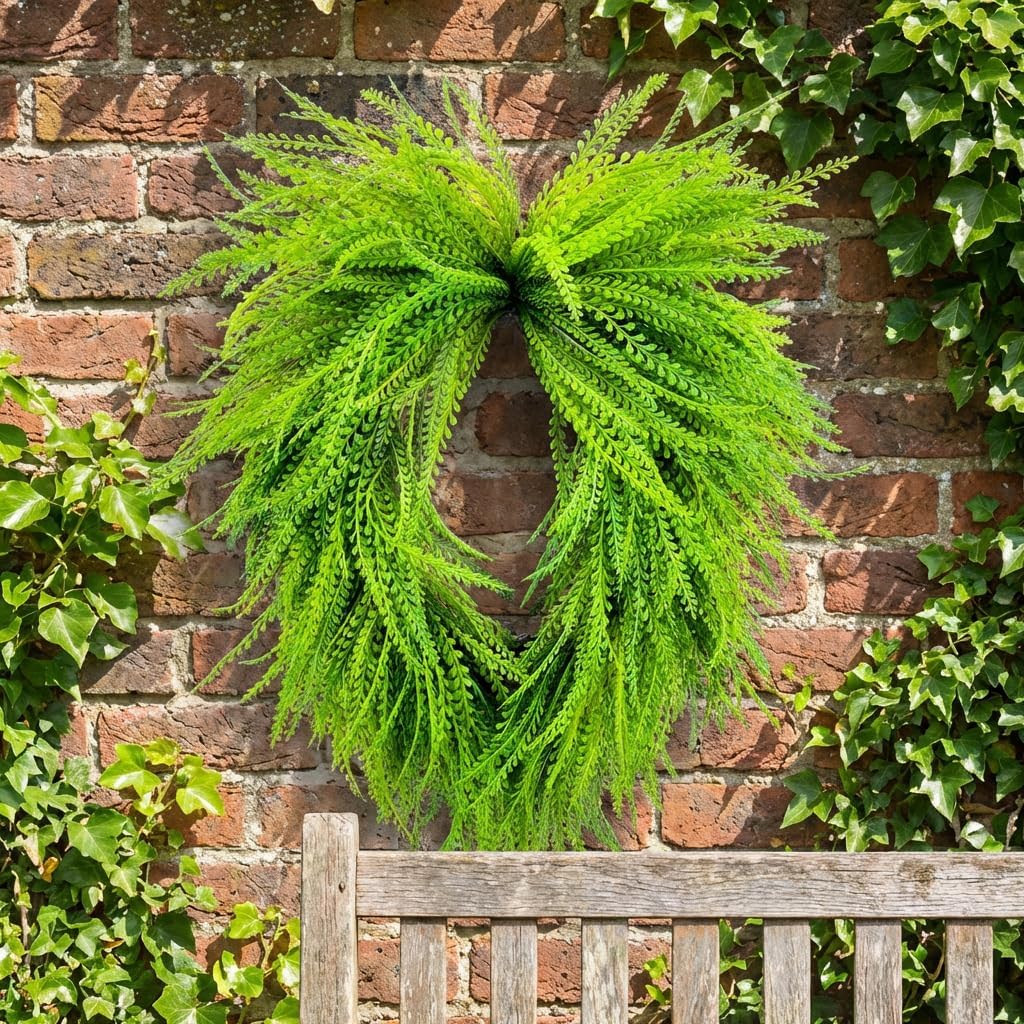 ENVEN Artificial Wreaths for Front Door, Greenery Persian Boston Fern Leaf Lush Green Artificial Wreath for Home, Porch & Wall Decor Green