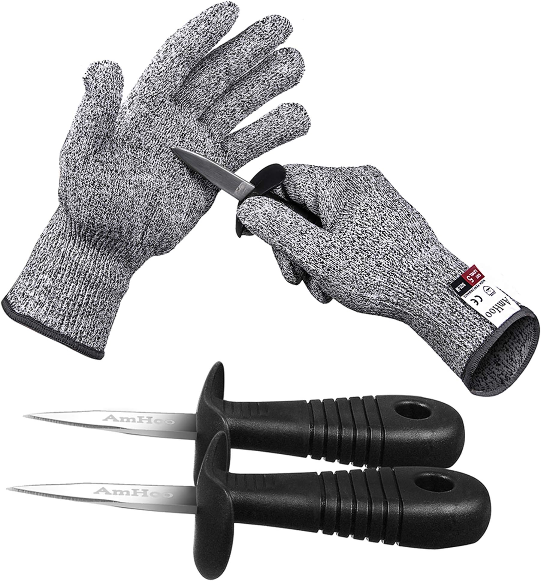 AmHoo Oyster shucking Knife Set Shucker Cut Resistant Glove Level 5 Protection Stainless Steel Clam Shellfish Seafood Opener Food Grade 1 pair S gloves 2 knives