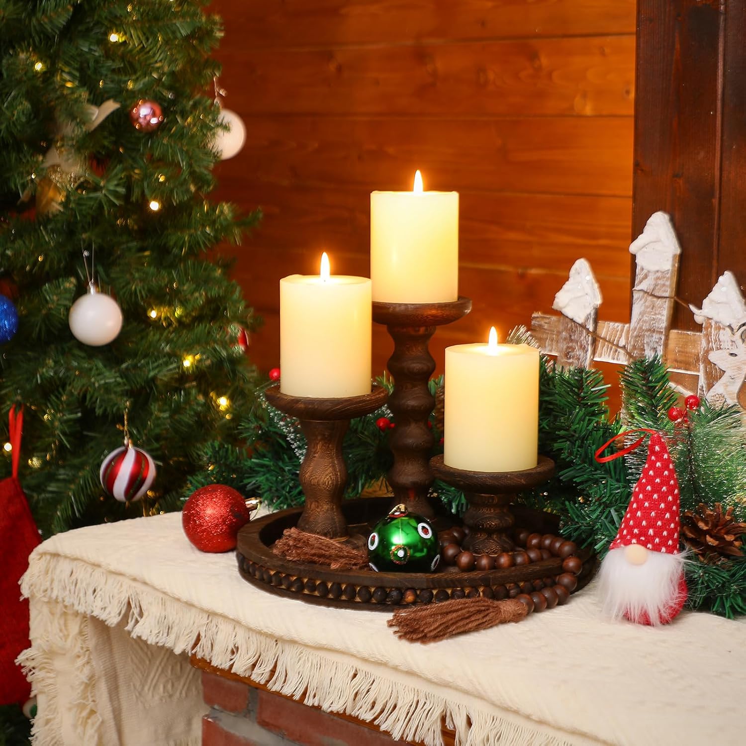 8 Pcs Farmhouse Wood Candle Holders with Pillar Candles Set Wooden Rustic Candle Holders Round Decorative Serving Tray Bead Garland with Natural Wood Tassels for Table Centerpiece (Brown)