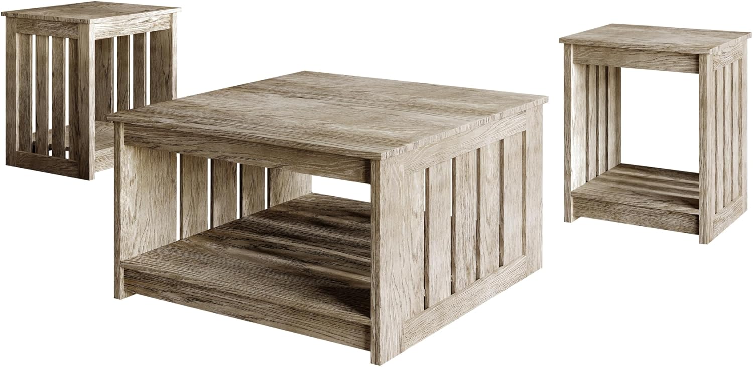 HOME DESIGN Nashua 3 Piece Coffee Table Set for Living Room, Rustic Farmhouse Style, Slatted Side Panels, Open Shelf Storage, Easy Assembly, Antique Gray Finish