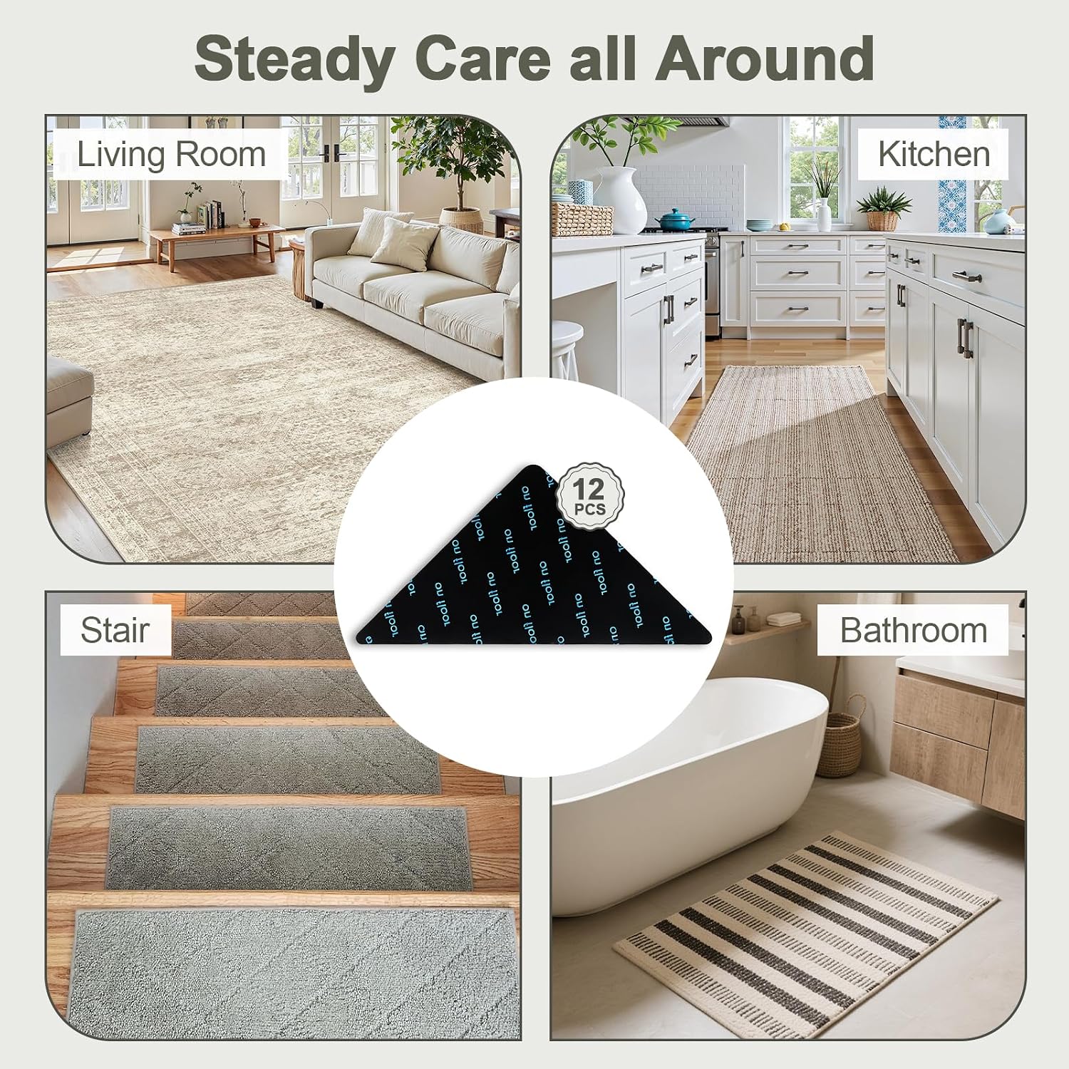 12 Pcs Rug Grip Pads for Hardwood Floors and Tiles, Non Slip Rug Grippers, Heavy Duty Corner Grippers for Rugs, Washable & Reusable Carpet Tape Alternative, Keep Rugs in Place & Corners Flat